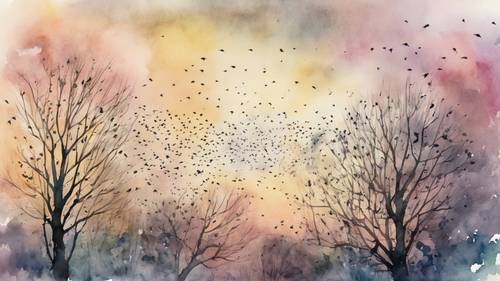 Abstract watercolor of spring evening with starlings returning to their nests.