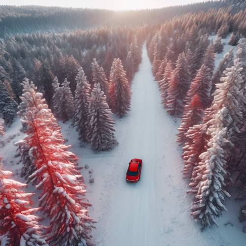 Aerial view of a red car trudging through a snowy path in a pine forest