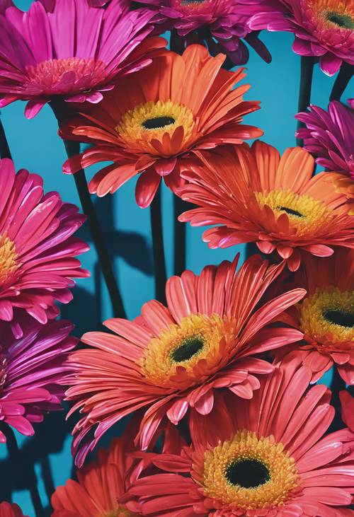 Interpretasi seni pop dari taman bunga aster gerbera dengan warna-warna cerah dan berani.