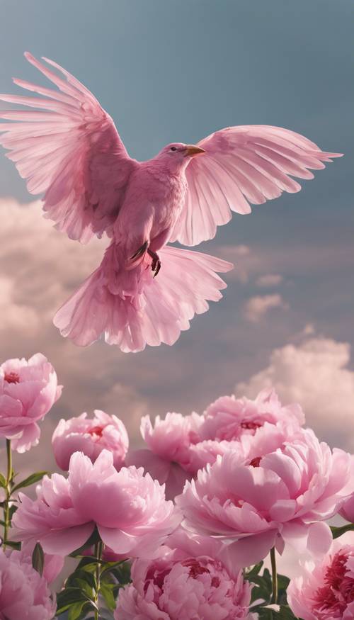 Seekor burung berwarna merah muda peoni terbang tinggi dalam kejernihan langit musim panas.