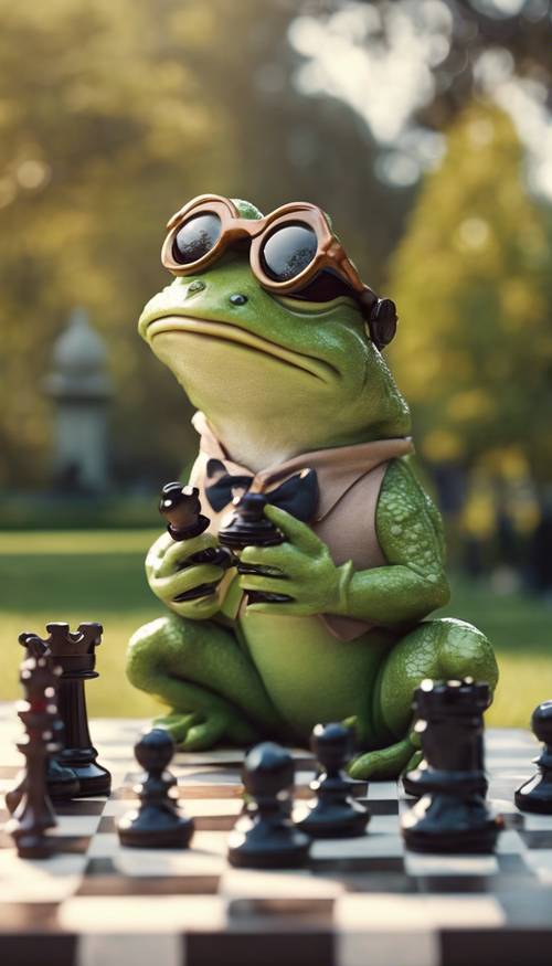 Entzückender adretter Frosch mit Brille spielt Schach in einem Park.