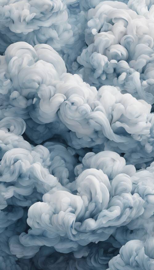 흰색과 파란색 수채화의 소용돌이가 매끄럽게 얽혀 흐린 하늘의 구름을 닮았습니다.