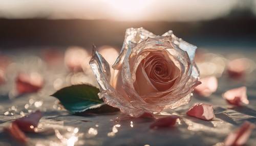 Eine Rose aus zarten Glassplittern, die das Morgensonnenlicht reflektieren.