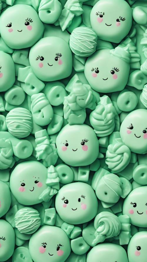 An array of mint green kawaii sweets, with delightful facial expressions drawn on each piece.