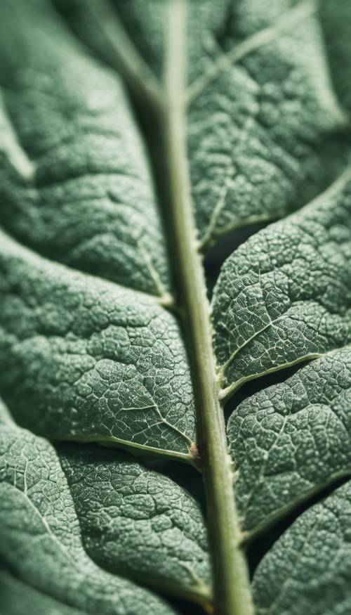 Uma foto macro de uma folha verde-sálvia, mostrando sua textura e os detalhes intrincados de suas veias