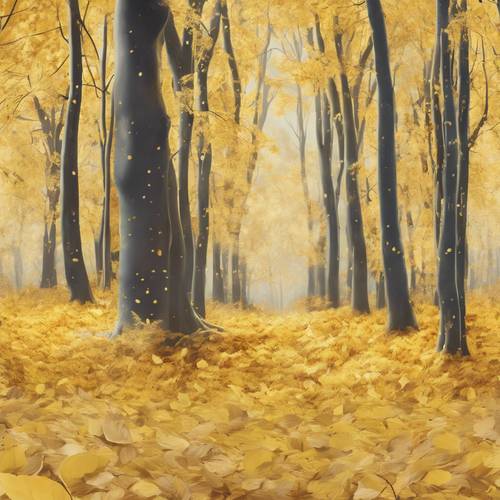 Peinture numérique d&#39;une scène de forêt d&#39;automne avec des feuilles jaune pastel tombant, disposées selon un motif répétitif.