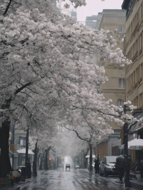A snapshot of a city street following a rain shower, when everything is in shades of gray besides white blossoms on the trees lining the street.