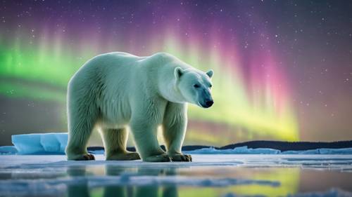 A lonely polar bear on an ice floe under the mesmerizing Northern Lights