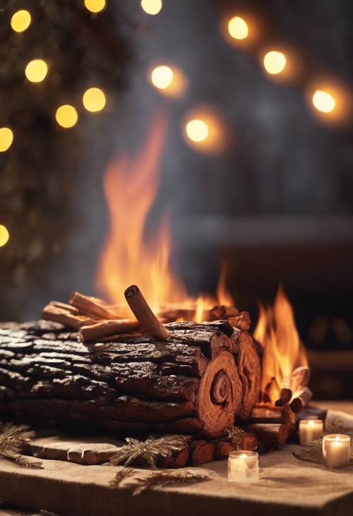 Une bûche de Noël brûlant avec des ombres plutôt que de la lumière, ajoutant une lueur sinistre à une scène de Noël traditionnelle.