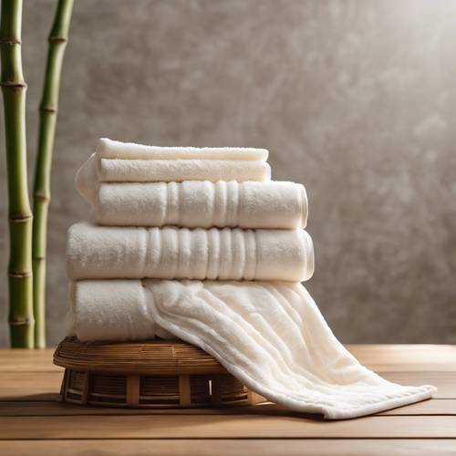 Uma toalha de spa com textura cremosa cuidadosamente dobrada sobre um banquinho de bambu em uma atmosfera zen calmante.