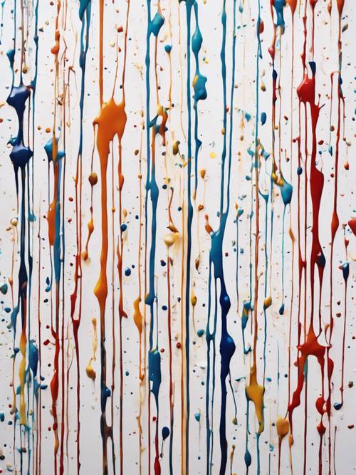 A crisp white wall spotted with a spray of bright paint drips creating an abstract piece of decor.