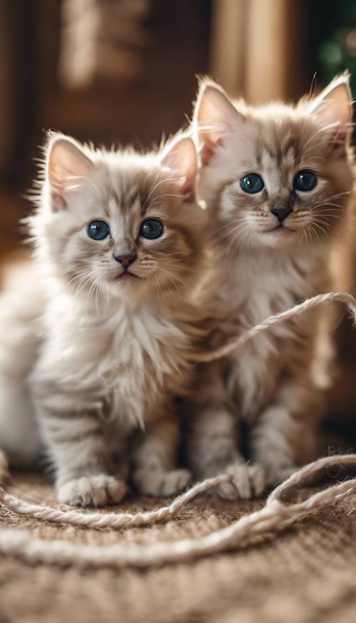 A photograph of a pair of fluffy Balinese kittens, both with soft smiles on their faces as they play with a ball of yarn in a cozy, rustic living room.
