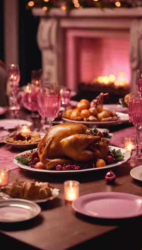 A warm family Thanksgiving dinner scene illuminated by the pink glow from the fireplace.