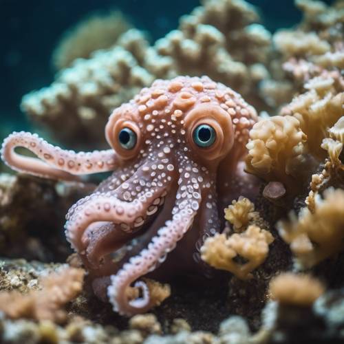 A shy octopus blushing, hiding behind a coral while sneaking a peek at a group of playful sea animals.