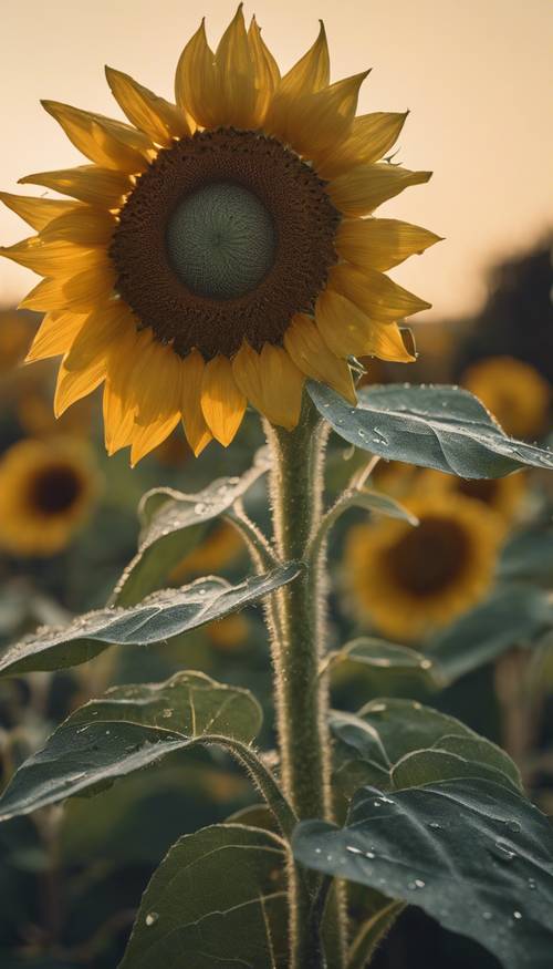 Tampilan jarak dekat dari bunga matahari yang terkena embun saat fajar.