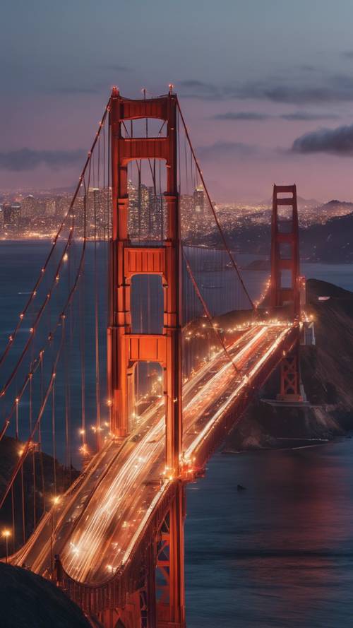 황혼의 금문교(Golden Gate Bridge)와 도시의 불빛이 배경에서 반짝입니다.