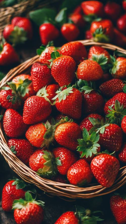 A close-up image of freshly picked strawberries in a wicker basket.