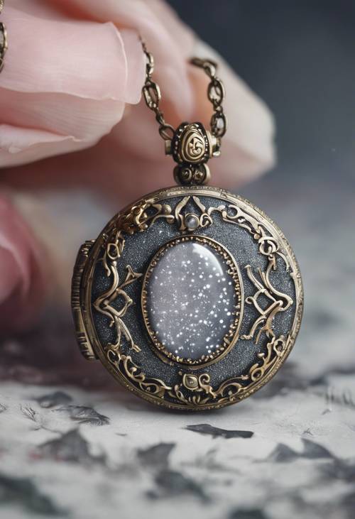 A Victorian-style pendant locket embellished with gray glitter.