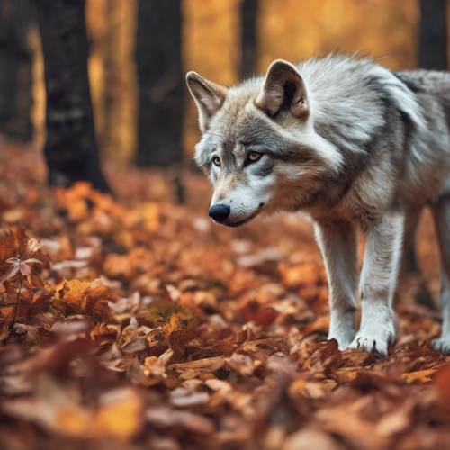 ลูกหมาป่าสีเงินขี้สงสัยกำลังดมกลิ่นใบไม้เปลี่ยนสีในฤดูใบไม้ร่วงบนพื้นป่า