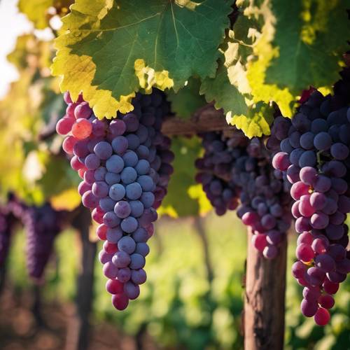 A vibrant grape vineyard at harvest time, the grapes' purple hues contrasting with the green leaves.