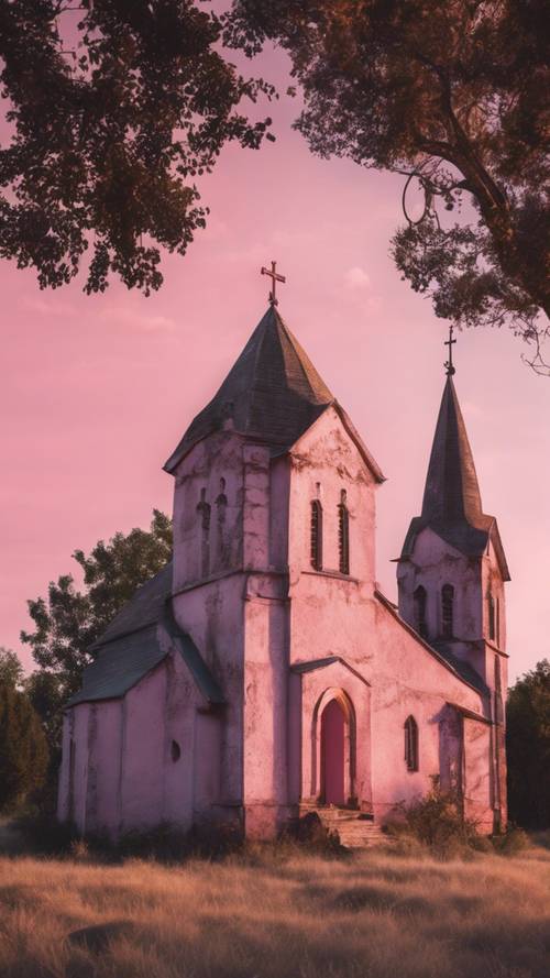 An old weathered church bathed in soft pink light at sunset.