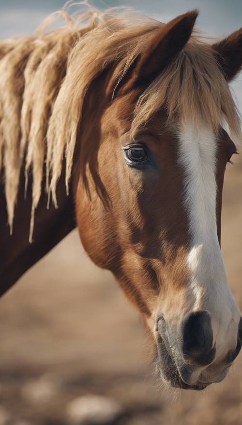 바람에 갈기가 휘날리며 카메라를 똑바로 바라보고 있는 야생 머스탱 말의 클로즈업.