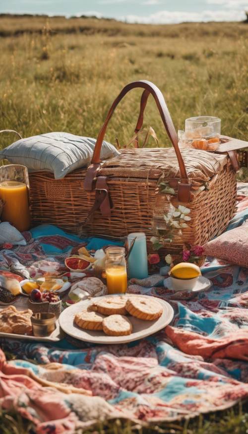 Un picnic in stile boho in un prato aperto, con tessuti e cuscini con stampe vivaci sparsi qua e là.