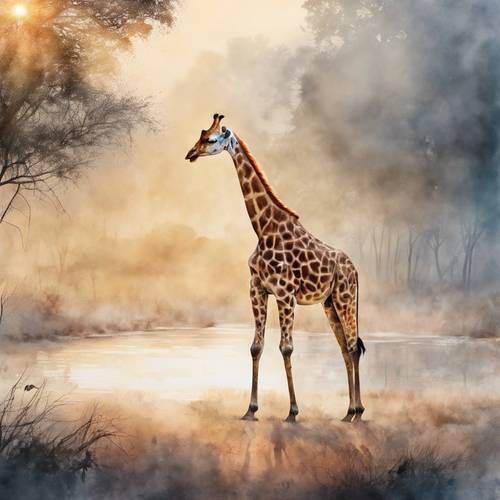 An abstract, watercolor painting of a giraffe walking towards a waterhole in the light of dawn.