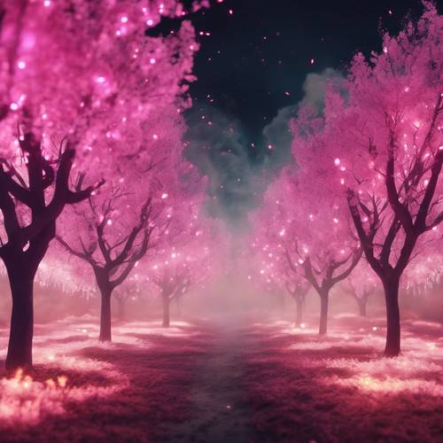 這是一個超現實主義的場景，展示的是帶有霓虹燈煙霧而不是樹葉的果樹。