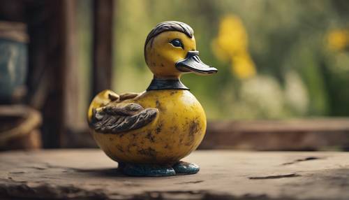 Eine antike Keramikstatue einer gelben Ente in rustikaler Umgebung.