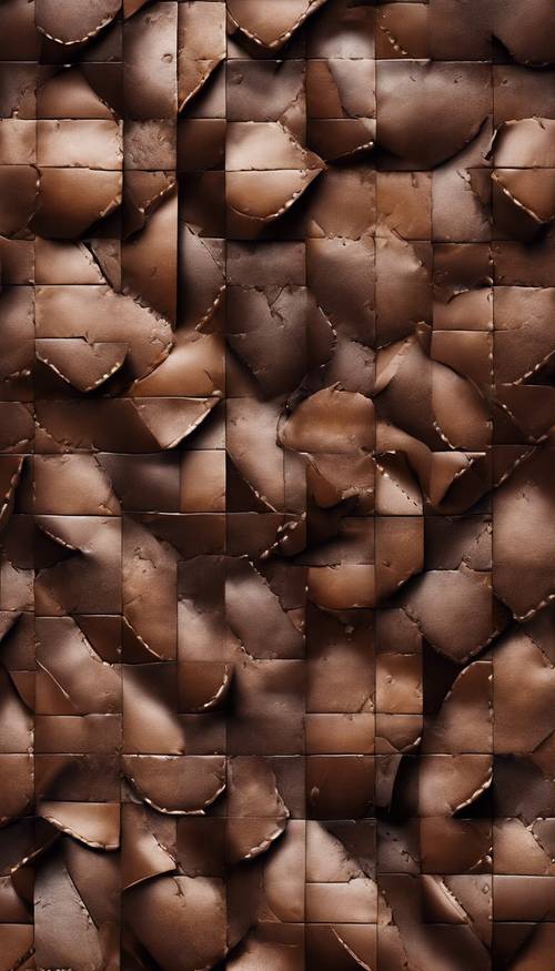 A patchwork design of detailed, dark brown leather pieces arranged in a seamless pattern.