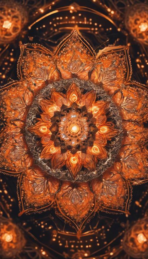 An elaborate mandala design glowing with an orange aura