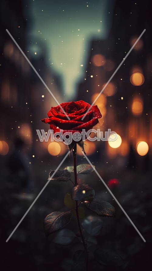 夕方の街に浮かぶ魔法の赤いバラ
