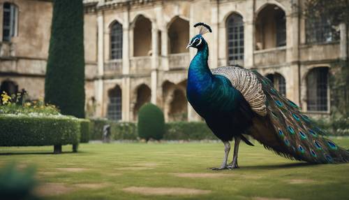 Un majestuoso pavo real negro pavoneándose por el majestuoso jardín del castillo.