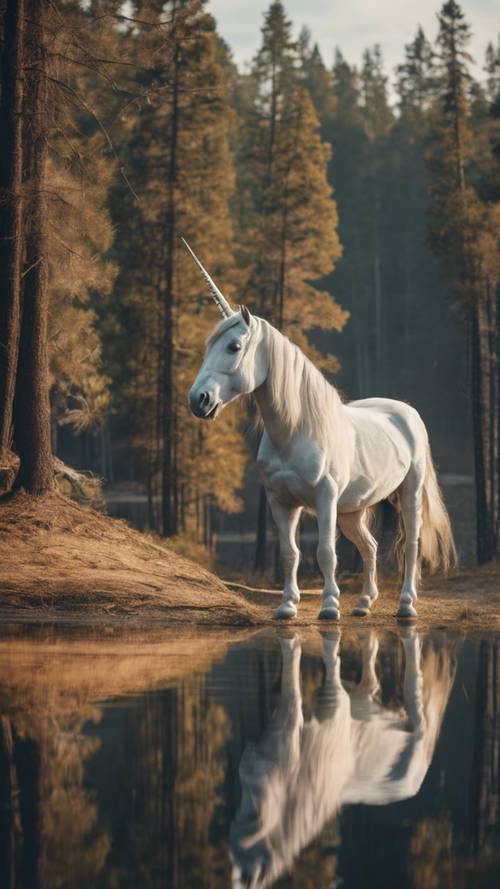 Un unicorno vicino a un lago sereno, ammirando il suo riflesso nell&#39;acqua immobile circondato dalle sagome di alti pini.
