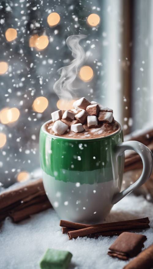 Una taza humeante de chocolate caliente con malvaviscos verdes, colocada cerca de una ventana en un día nevado de Navidad.