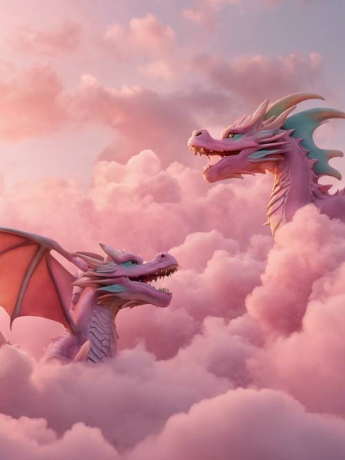 해가 뜨는 동안 푹신한 분홍색 구름 사이를 날아다니는 장난스러운 파스텔 색상의 용 세 마리.