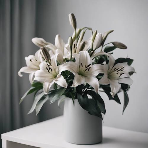 A bouquet of gray lilies in a modern, minimalist home.