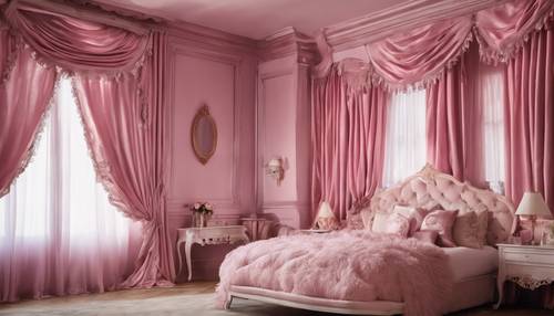 Lussuose tende di seta rosa drappeggiate in una camera da letto a tema vittoriano.