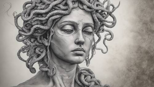 Um delicado desenho a lápis do rosto da Medusa expressando tristeza e isolamento.