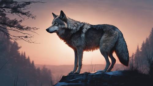 Hình minh họa theo phong cách phác họa về một con sói già khôn ngoan đứng canh gác lãnh thổ của nó trong ánh hoàng hôn.