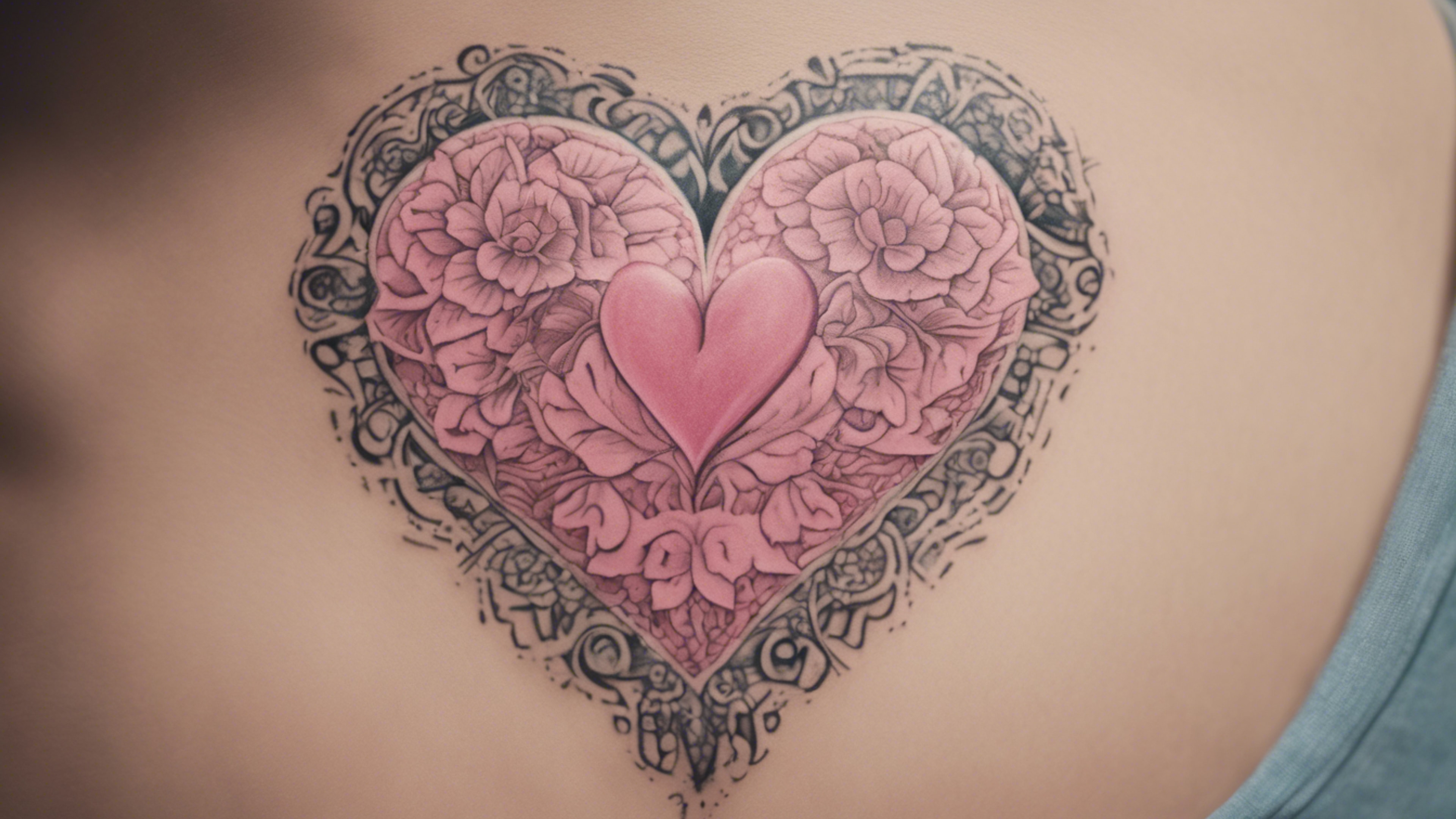 A small pink heart shaped tattoo embellished with intricate floral patterns.壁紙[dd23c5855ab44f40b2fe]