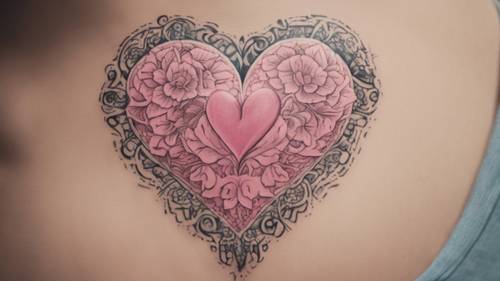 Un piccolo tatuaggio rosa a forma di cuore impreziosito da intricati motivi floreali.
