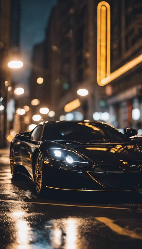 在傍晚城市燈光下，一輛帶有金色細節的時尚黑色跑車。