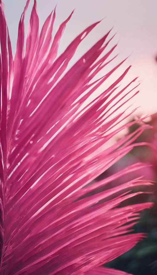 Des feuilles de palmier rose vif se balançant doucement dans une légère brise du soir.