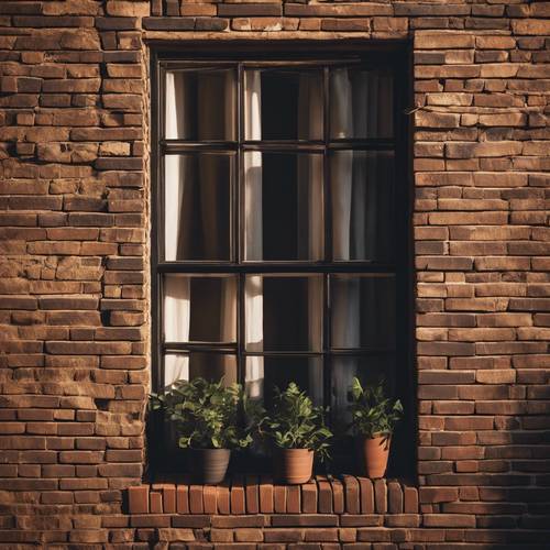 Luz quente filtrada por uma janela em uma parede de tijolos escuros.