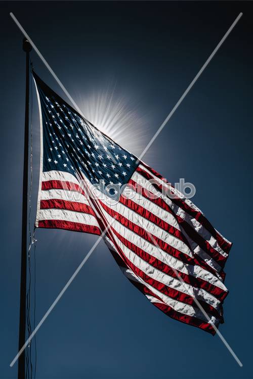 ธงชาติอเมริกันส่องแสงในพื้นหลังแสงอาทิตย์
