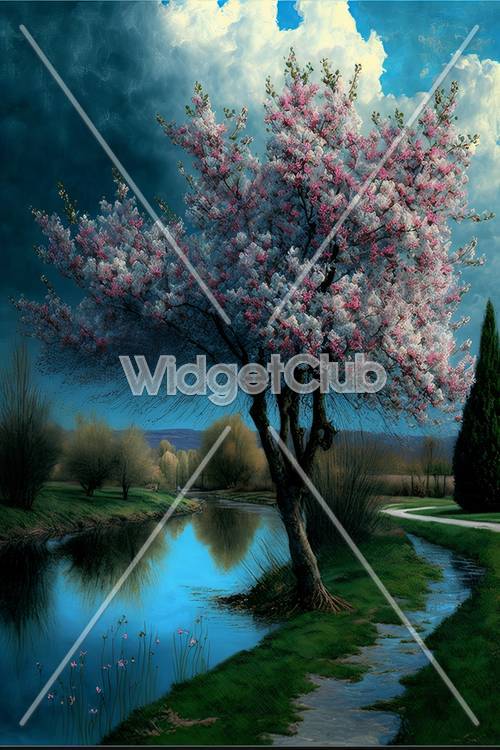 静かな川のそばの桜の木　- 自然風景の壁紙
