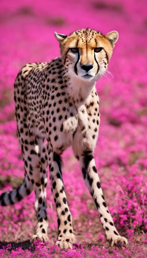 Un guepardo vestido de un rosa intenso y vibrante, con elegantes manchas negras, se lanza hacia adelante y captura a su presa bajo el sol abrasador del mediodía.