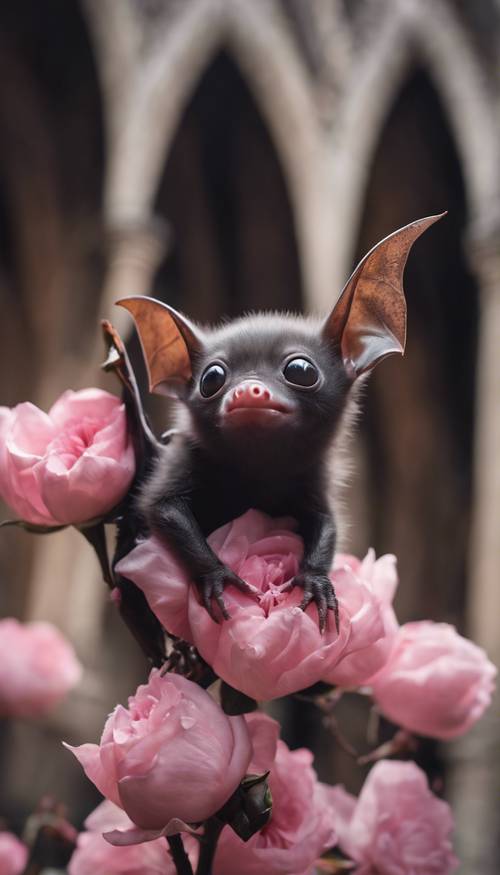 A cute baby bat with large eyes, nestled in a flowering black rose vine in a gothic cathedral.